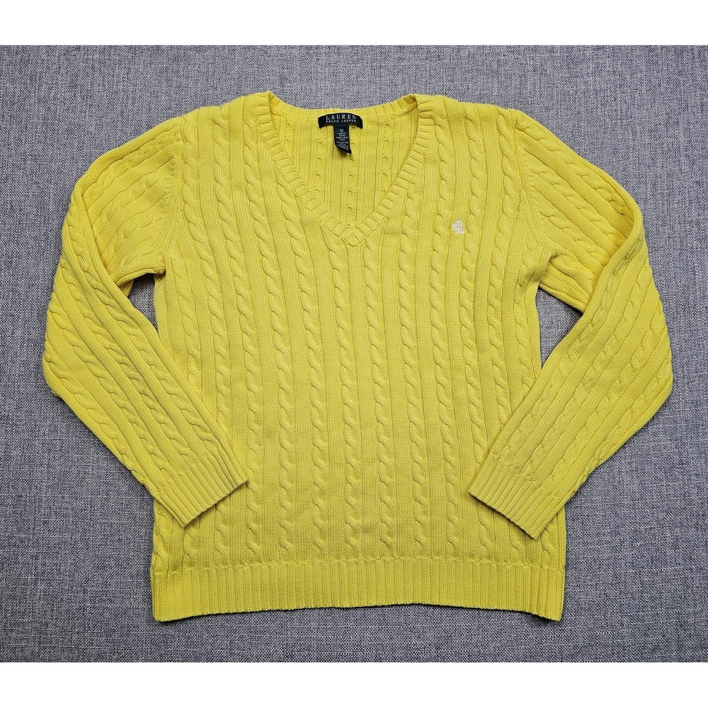 Lauren Ralph Lauren Sweater Womens Medium Yellow Cable Knit V Neck Cotton
